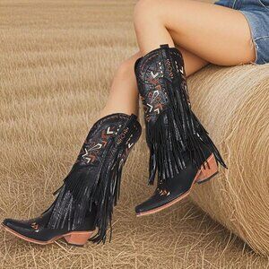 Black Bohemian Women's Fringe Tassel Cowgirl Western Chunky High Heels  Boots